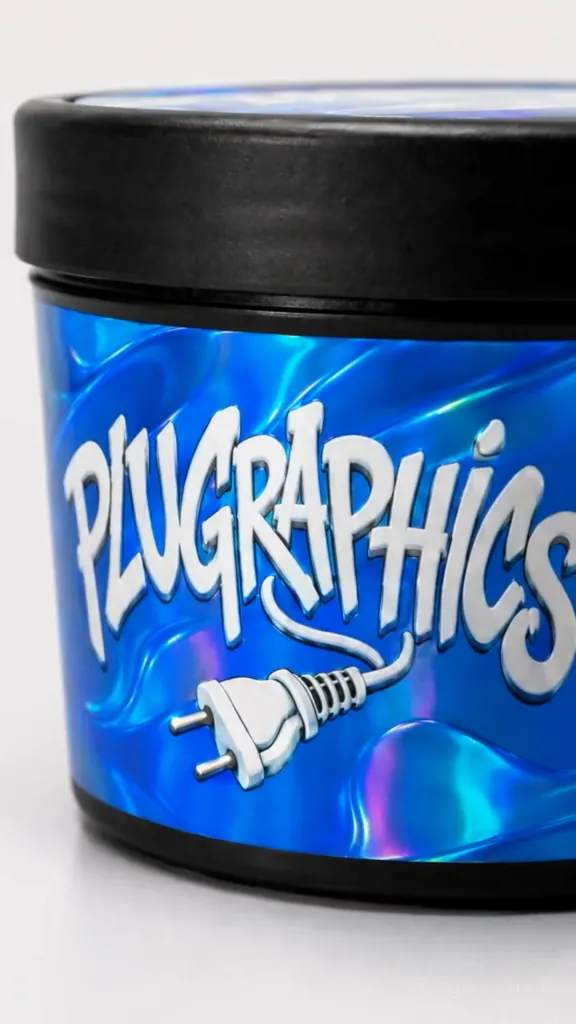 Nahaufnahme des holografischen Plugraphics-Etiketts mit Stecker-Logo.