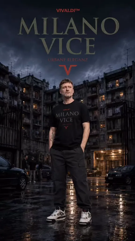 Key Visual „Milano Vice“ von VIVALDI: Titel über einem nächtlichen Wohnblock, davor das Model im schwarzen Shirt.