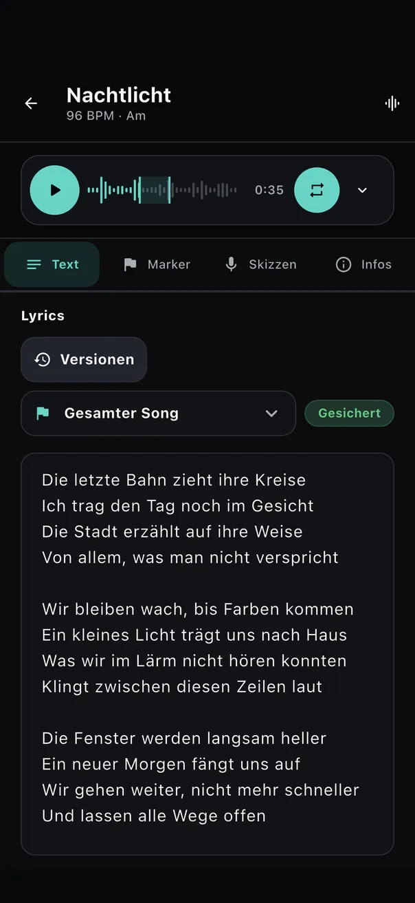 Die Schreibansicht von VERSIQ (DE, Dunkel)