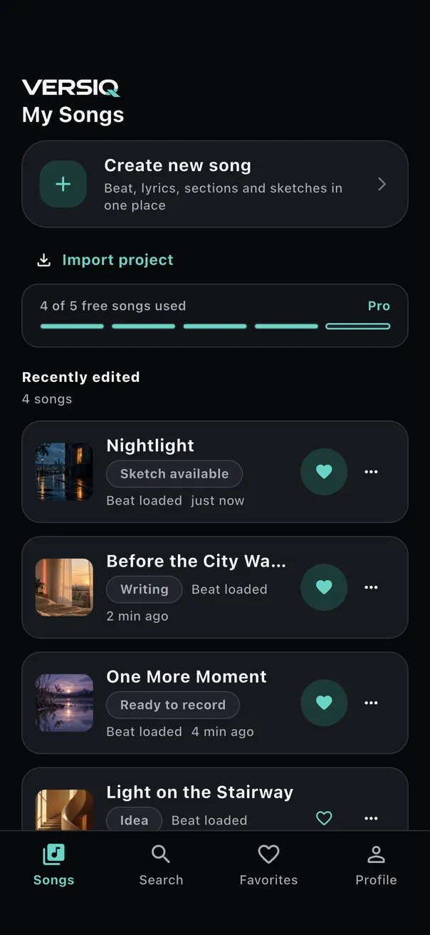 The song list with four song projects and their covers.