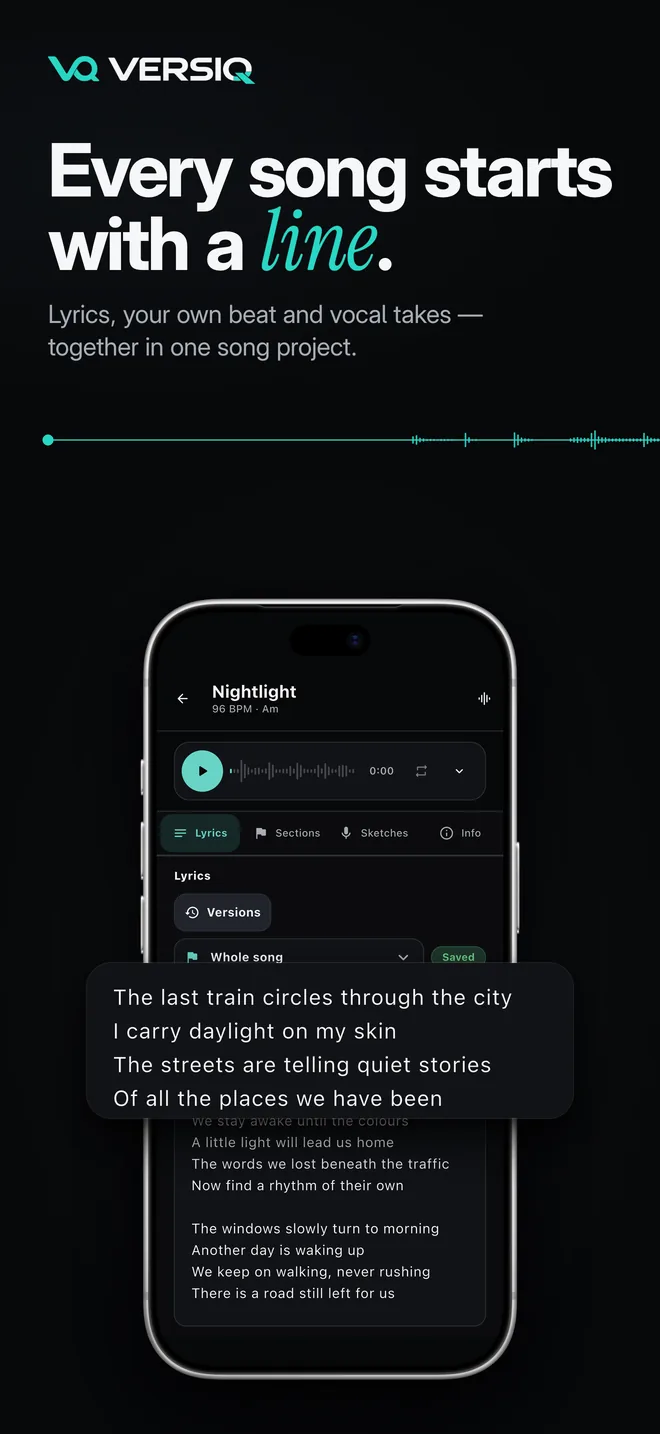 App Store visual “Every song starts with a line” with the VERSIQ writing view.